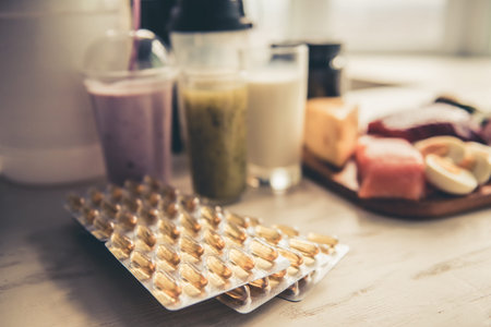 Bottles of sport nutrition and healthy food containing a lot of protein for sports peopleの写真素材