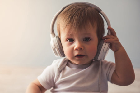 Portrait of cute baby boy with headphones smilingの写真素材