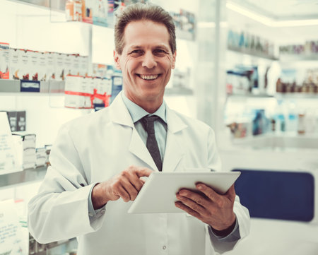 Handsome pharmacist is using a digital tablet and smiling while working in pharmacyの写真素材