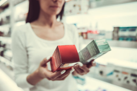 Beautiful young woman is choosing a medication at the pharmacyの写真素材
