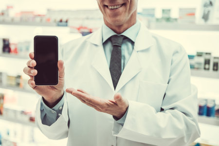 Cropped image of handsome pharmacist holding a smart phone and smiling while standing in pharmacyの写真素材