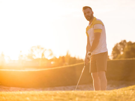 Handsome guy is using a golf club while playing golf, beautiful sun shining