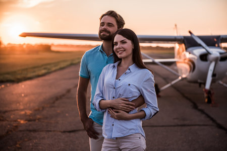 Beautiful romantic couple is hugging and smiling while enjoying the view on take-off ground near the...