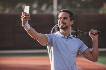 Handsome man is doing selfie using a smart phone and smiling while playing tennis on tennis court outdoorsの写真素材