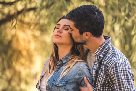 Beautiful young couple is hugging while resting in the park, guy is kissing his girlfriend in cheek