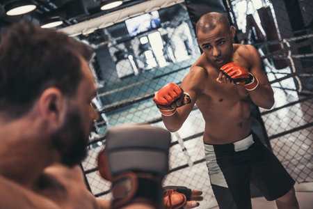 Two men in boxing gloves and shorts are fighting in cageの写真素材