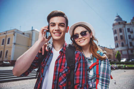 Happy young romantic couple traveling in Europe.の写真素材