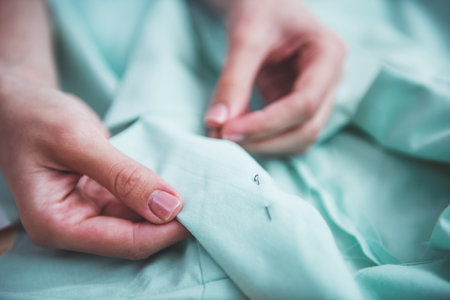 Young designer is sewing while working in dressmaking studio, close-upの写真素材