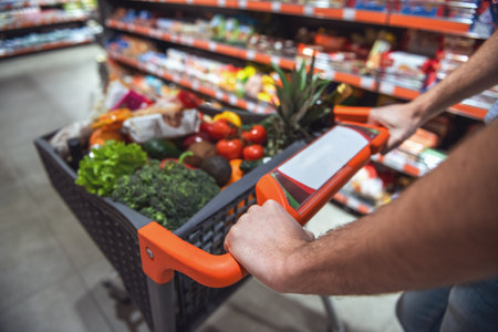 Cropped image of a person with a shopping cart full of goods at the supermarketの写真素材
