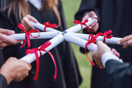 Cropped image of successful graduates in academic dresses holding diplomas while standing outdoorsの写真素材