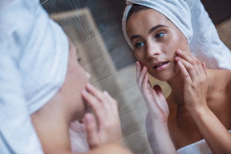 Young woman with towel on her head is touching her cheeks while looking into the mirror in bathroomの写真素材