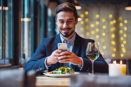 Handsome businessman in suit is using a smart phone and smiling while sitting in restaurantの写真素材