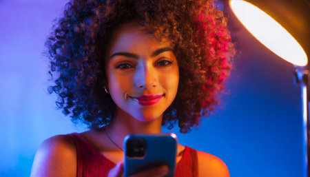 A young woman with curly hair holds a smartphone in front of her, smiling. She is wearing a red T-shirt against a background of studio lighting with blue and purple hues. A round lamp is on the right in the background.の素材