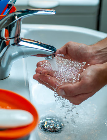 Close up of male hands washing with water in bathroom sink for daily hygiene routine.