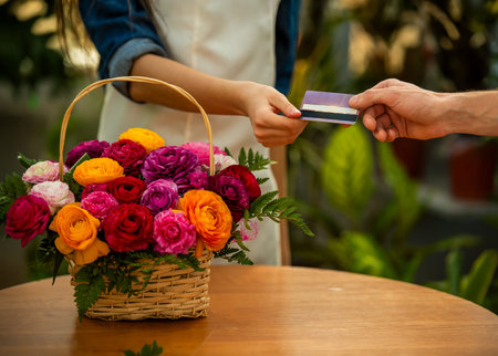 Customer paying for colorful flower basket using bank card at florist shop.