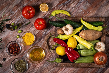 Top view of kitchen wooden table top with different vegetables. Organic background with fresh...