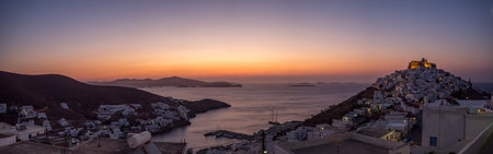 Panorama of Astypalaia island  with the harbor at sunriseの写真素材