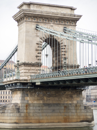 A close view of Szechenyi Chain Bridge over Danube, Budapest, Hungary at daytimeのeditorial素材