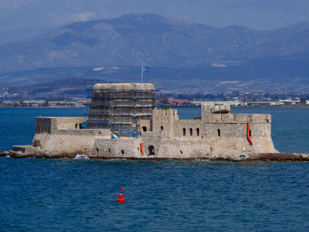 The historical water castle of Bourtzi in the middle of the old harbour in Nafplio