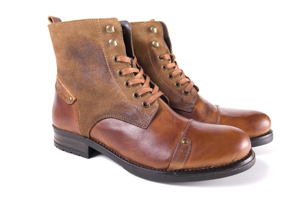 Male Brown Boots on White Background, Isolated Product, Top View, Studioの写真素材