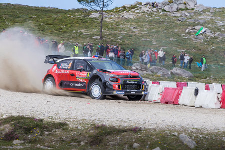 Craig Breen of Ireland and Scott Martin of Great Britain compete in their Citroen Total Abu Dhabi WRT Citroen C3 WRC during Day Two of the WRC Portugal on May 18, 2018 in Caminha,のeditorial素材