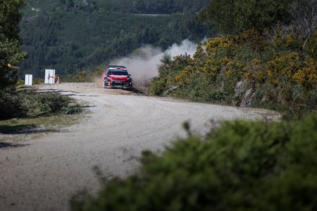 Craig Breen of Ireland and Scott Martin of Great Britain compete in their Citroen Total Abu Dhabi WRT Citroen C3 WRC during Day Two of the WRC Portugal on May 18, 2018 in Caminha,のeditorial素材