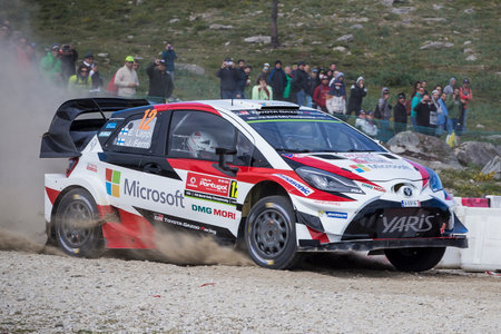 PORTO, PORTUGAL - MAY 17: Ott Tanak of Estonia and Martin Jarveoja of Estonia competes in their Toyota Gazoo Racing WRT Toyota Yaris WRC during the shakedown of the WRC Portugal on May 17, 2018.のeditorial素材