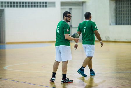 Viana do Castelo, Portugal - February 15, 2020: ADAfifense player in action against CPN, game counting for National Championship 3rd division, organized by the offense Handball on February 15, 2020のeditorial素材