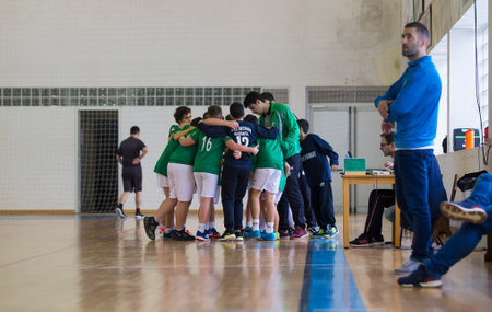 Viana do Castelo, Portugal - February 15, 2020: AD Afifense player in action against Becas B, game to count to the Minis Tournament organized by Afifense handball on February15, 2020 in Afife.のeditorial素材