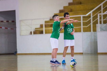 Viana do Castelo, Portugal - February 15, 2020: AD Afifense player in action against Becas B, game to count to the Minis Tournament organized by Afifense handball on February15, 2020 in Afife.のeditorial素材
