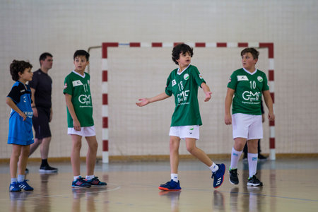 Viana do Castelo, Portugal - February 15, 2020: AD Afifense player in action against Becas B, game to count to the Minis Tournament organized by Afifense handball on February15, 2020 in Afife.のeditorial素材