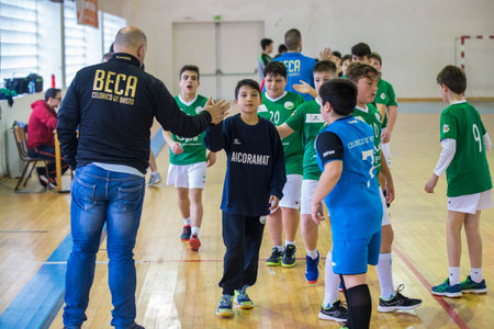 Viana do Castelo, Portugal - November 13, 2021: Afifense player in action against Vermoim, handball game counting for the Intantis Tournament.のeditorial素材