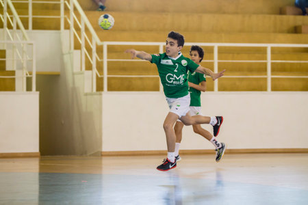 Viana do Castelo, Portugal - February 15, 2020: AD Afifense player in action against Becas B, game to count to the Minis Tournament organized by Afifense handball on February15, 2020 in Afife.のeditorial素材