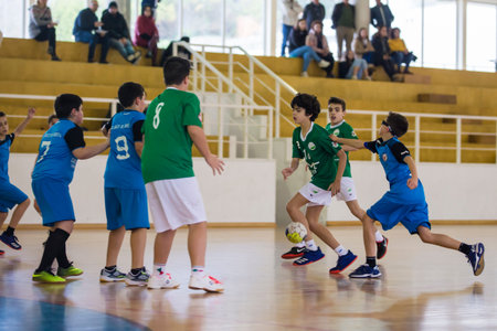Viana do Castelo, Portugal - February 15, 2020: AD Afifense player in action against Becas B, game to count to the Minis Tournament organized by Afifense handball on February15, 2020 in Afife.のeditorial素材