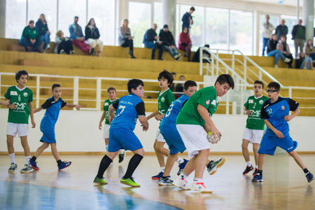Viana do Castelo, Portugal - February 15, 2020: AD Afifense player in action against Becas B, game to count to the Minis Tournament organized by Afifense handball on February15, 2020 in Afife.のeditorial素材