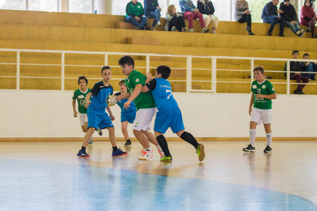Viana do Castelo, Portugal - February 15, 2020: AD Afifense player in action against Becas B, game to count to the Minis Tournament organized by Afifense handball on February15, 2020 in Afife.のeditorial素材