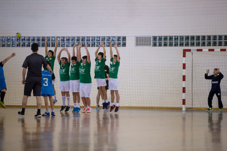 Viana do Castelo, Portugal - February 15, 2020: AD Afifense player in action against Becas B, game to count to the Minis Tournament organized by Afifense handball on February15, 2020 in Afife.のeditorial素材