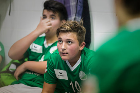 Viana do Castelo, Portugal - February 15, 2020: AD Afifense player in action against Becas B, game to count to the Minis Tournament organized by Afifense handball on February15, 2020 in Afife.のeditorial素材