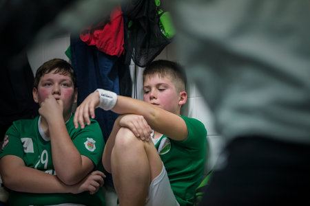 Viana do Castelo, Portugal - February 15, 2020: AD Afifense player in action against Becas B, game to count to the Minis Tournament organized by Afifense handball on February15, 2020 in Afife.のeditorial素材