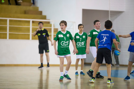 Afife, Viana do Castelo, Portugal - February 9, 2019: AD Afifense player in action against Vermoim, game to count to the Minis Tournament organized by Afifense handball on February 9, 2019 in Afife.のeditorial素材