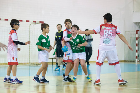 Afife, Viana do Castelo, Portugal - February 9, 2019: AD Afifense player in action against Vermoim, game to count to the Minis Tournament organized by Afifense handball on February 9, 2019 in Afife.のeditorial素材