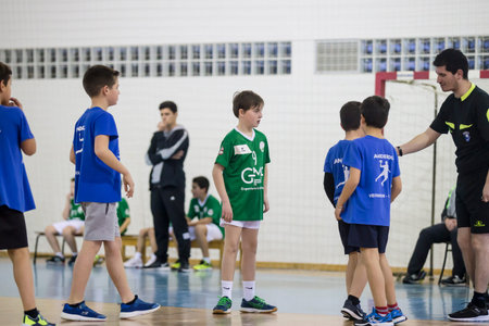 Afife, Viana do Castelo, Portugal - February 9, 2019: AD Afifense player in action against Vermoim, game to count to the Minis Tournament organized by Afifense handball on February 9, 2019 in Afife.のeditorial素材