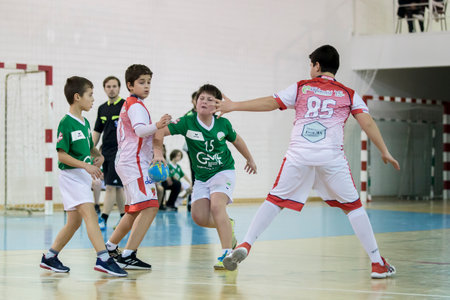 Afife, Viana do Castelo, Portugal - February 9, 2019: AD Afifense player in action against Vermoim, game to count to the Minis Tournament organized by Afifense handball on February 9, 2019 in Afife.のeditorial素材