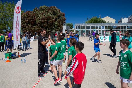 Caminha, Viana do Castelo, Portugal - June 10, 2019: Children's handball tournament organized by the Afifense Sports Association to promote sport for children on June 10, 2019.のeditorial素材