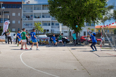 Caminha, Viana do Castelo, Portugal - June 10, 2019: Children's handball tournament organized by the Afifense Sports Association to promote sport for children on June 10, 2019.のeditorial素材