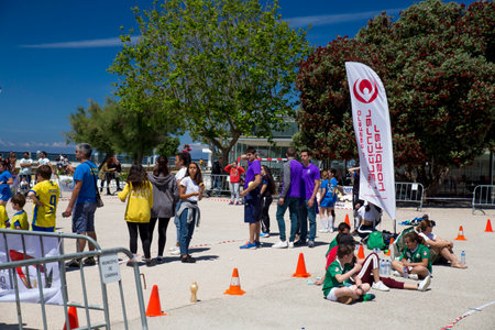Caminha, Viana do Castelo, Portugal - June 10, 2019: Children's handball tournament organized by the Afifense Sports Association to promote sport for children on June 10, 2019.のeditorial素材