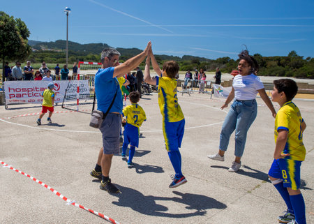 Caminha, Viana do Castelo, Portugal - June 10, 2019: Children's handball tournament organized by the Afifense Sports Association to promote sport for children on June 10, 2019.のeditorial素材
