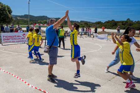 Caminha, Viana do Castelo, Portugal - June 10, 2019: Children's handball tournament organized by the Afifense Sports Association to promote sport for children on June 10, 2019.のeditorial素材