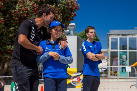 Caminha, Viana do Castelo, Portugal - June 10, 2019: Children's handball tournament organized by the Afifense Sports Association to promote sport for children on June 10, 2019.のeditorial素材