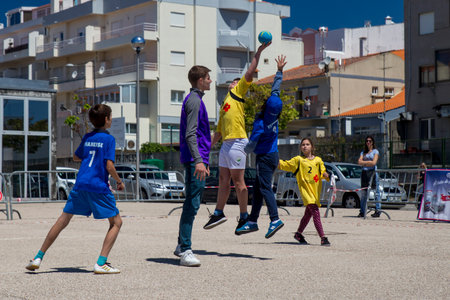 Caminha, Viana do Castelo, Portugal - June 10, 2019: Children's handball tournament organized by the Afifense Sports Association to promote sport for children on June 10, 2019.のeditorial素材